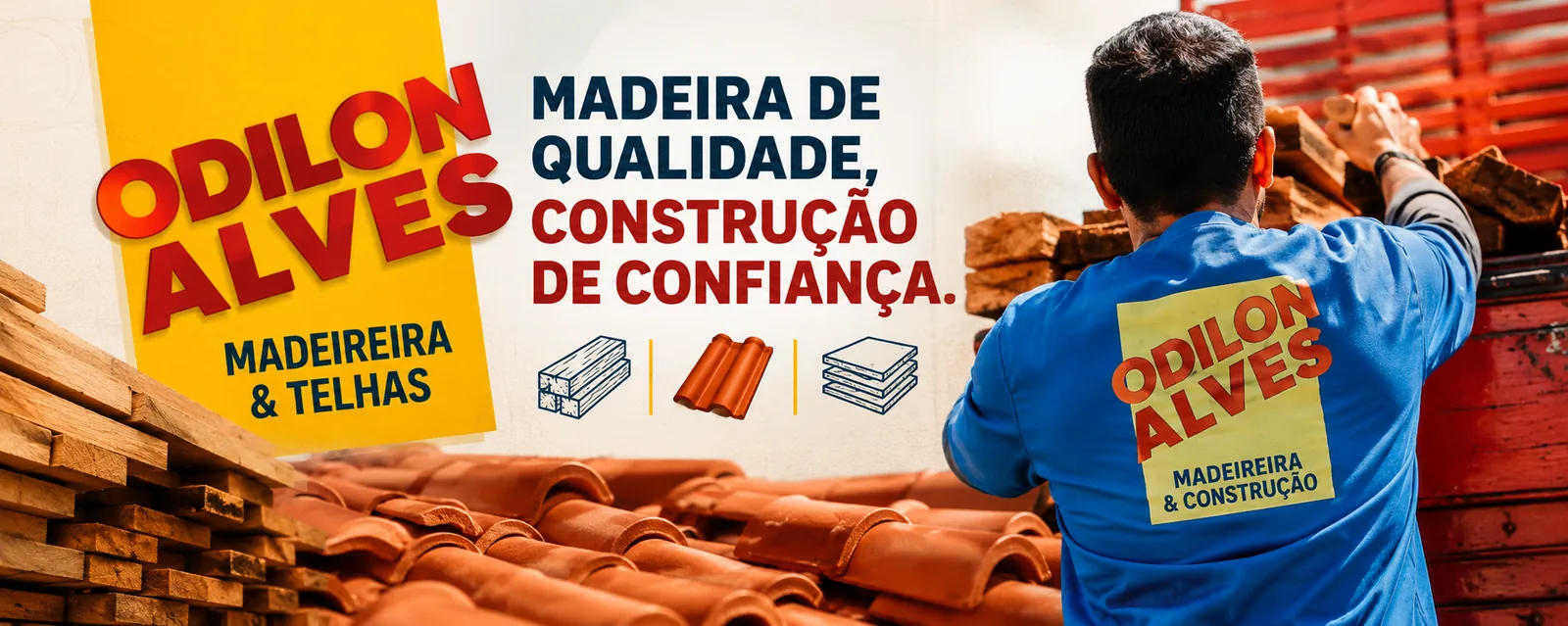 Banner da Odilon Alves Madeireira e Telhas: madeira de qualidade, construção de confiança, com pilhas de madeira, telhas cerâmicas e colaborador de farda azul carregando o caminhão