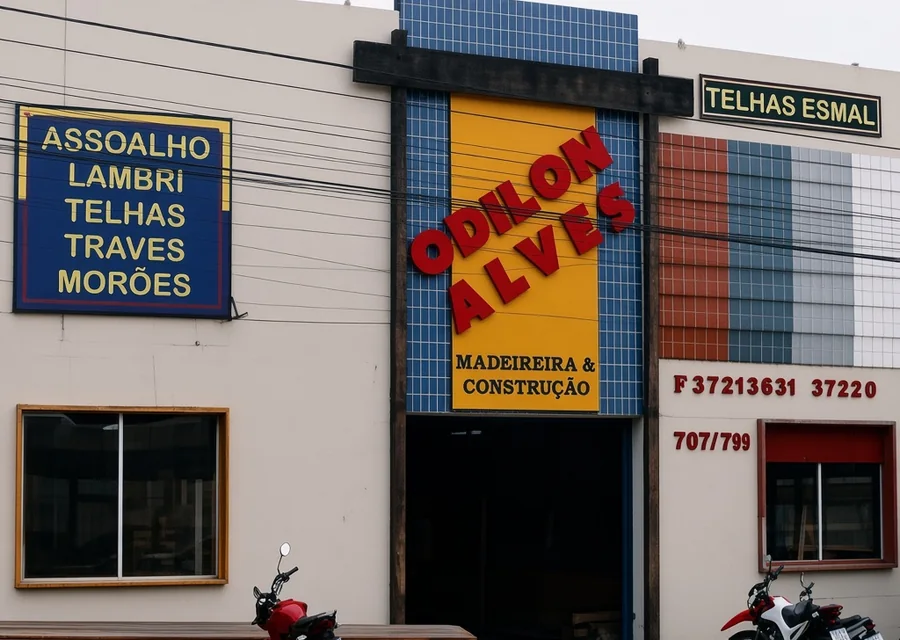 Fachada da Odilon Alves Madeiras e Telhas em Caruaru, com o letreiro da loja e a placa de assoalho, lambri, telhas, traves e morões